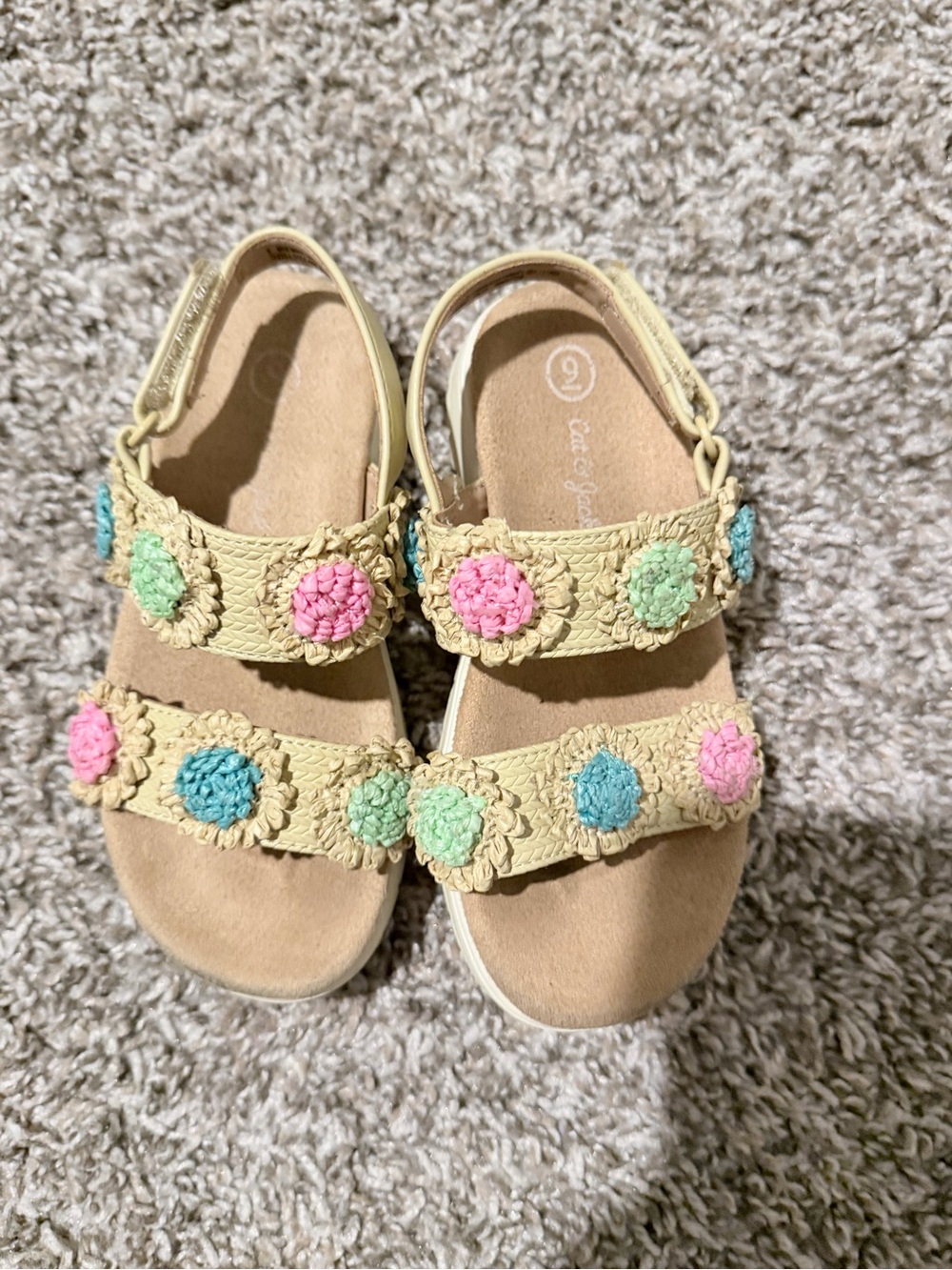 Cat & Jack Beige Sandals with Pink, Blue & Green Flower Details